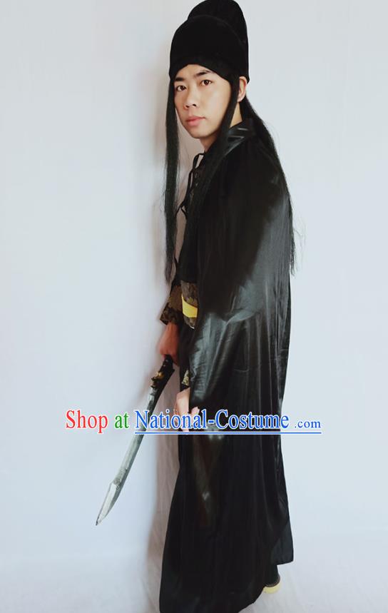 Top China Ming Dynasty Knight Garment Costumes Ancient Swordsman Black Robe Apparels Cosplay Imperial Bodyguard Clothing and Hat