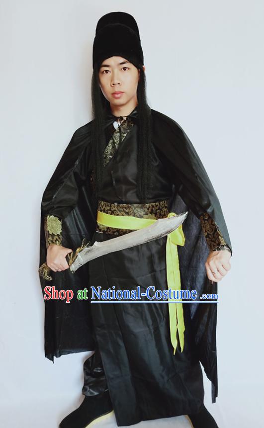 Top China Ming Dynasty Knight Garment Costumes Ancient Swordsman Black Robe Apparels Cosplay Imperial Bodyguard Clothing and Hat