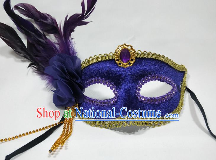 Handmade Cosplay Performance Mask Masque Face Accessories Stage Show Decorations Halloween Purple Feather Headdress