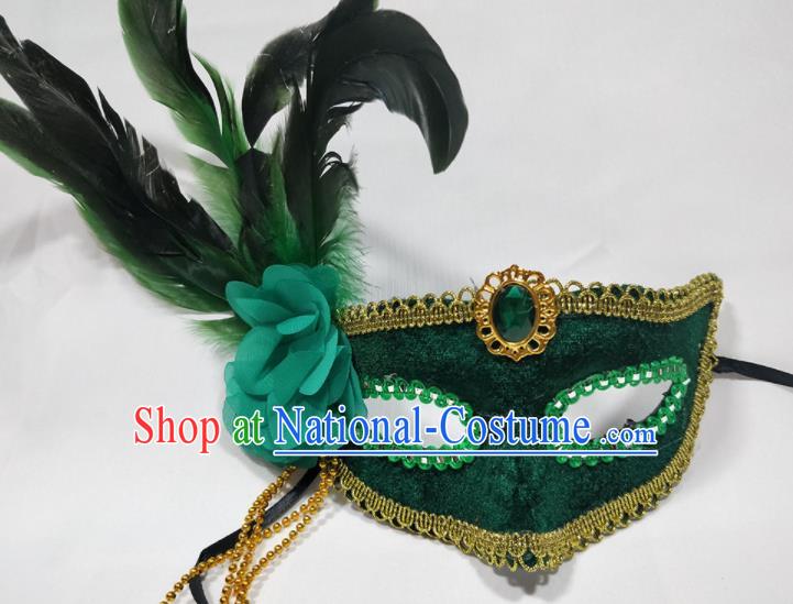 Handmade Stage Show Decorations Halloween Green Feather Headdress Cosplay Performance Mask Masque Face Accessories