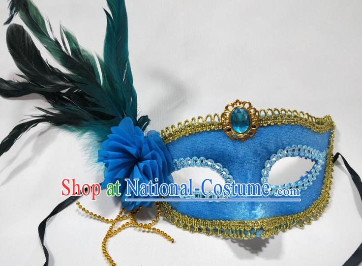 Handmade Masque Face Accessories Stage Show Decorations Halloween Blue Feather Headdress Cosplay Performance Mask