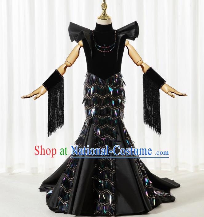 Custom Girl Stage Show Fashion Children Catwalks Clothing Princess Black Fishtail Full Dress Compere Garment Costumes