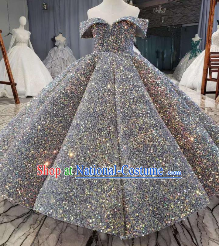 Custom Compere Garment Costumes Girl Stage Show Fashion Children Catwalks Clothing Princess Grey Full Dress