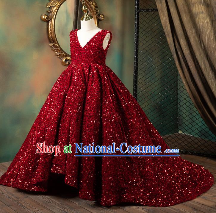 Custom Princess Wine Red Trailing Full Dress Compere Garment Costumes Girl Stage Show Fashion Children Catwalks Clothing