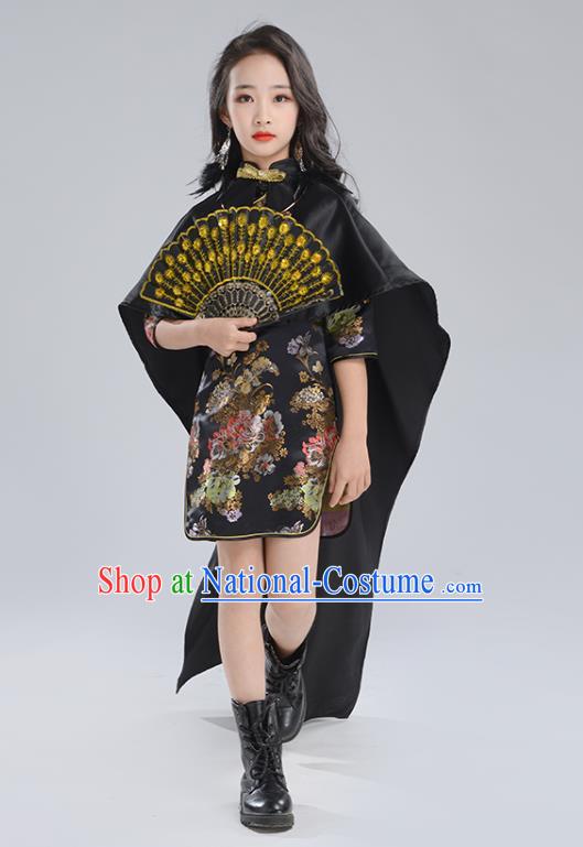 Custom Children Catwalks Clothing Girl Black Qipao Dress Compere Garment Costumes Stage Show Fashion