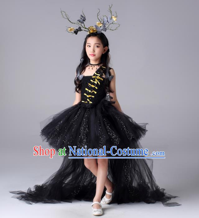 Custom Stage Show Fashion Children Catwalks Clothing Girl Black Veil Bubble Dress Compere Garment Costumes