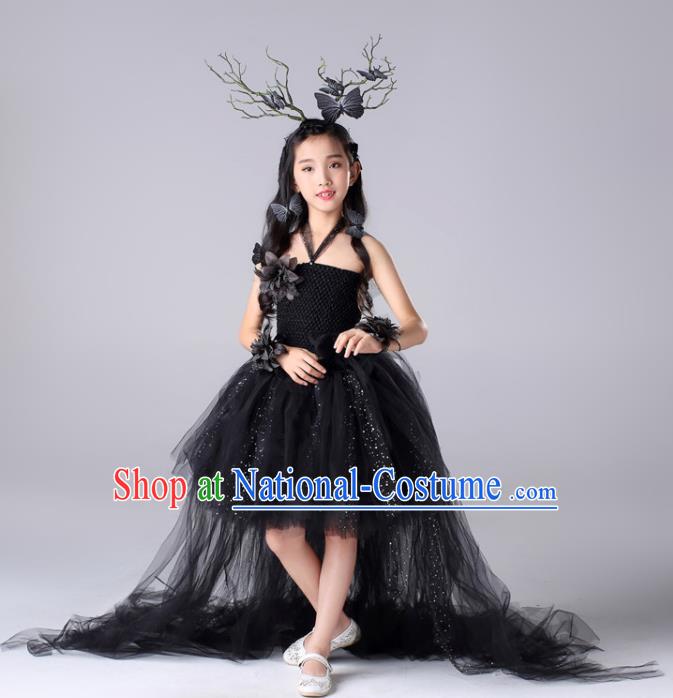 Custom Compere Garment Costumes Stage Show Fashion Children Catwalks Clothing Girl Black Veil Bubble Dress