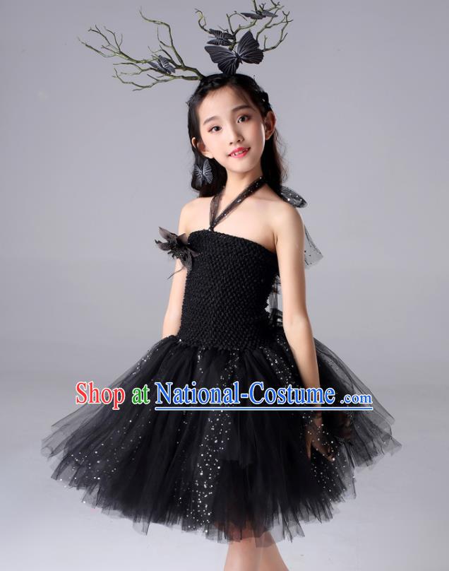 Custom Compere Garment Costumes Stage Show Fashion Children Catwalks Clothing Girl Black Veil Bubble Dress