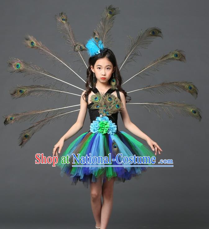 Custom Girl Blue Veil Trailing Dress Compere Garment Costumes Children Stage Show Fashion Catwalks Clothing