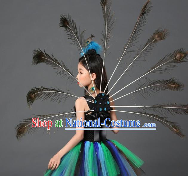 Custom Girl Blue Veil Trailing Dress Compere Garment Costumes Children Stage Show Fashion Catwalks Clothing