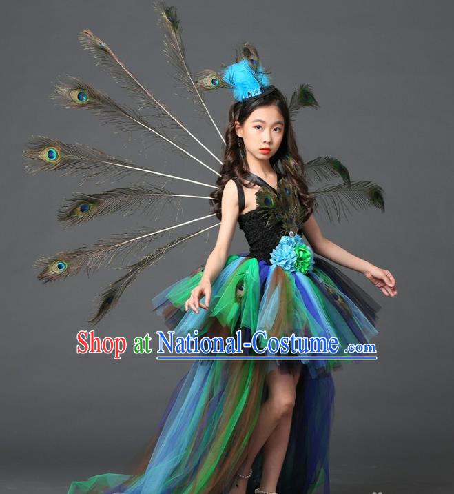 Custom Girl Blue Veil Trailing Dress Compere Garment Costumes Children Stage Show Fashion Catwalks Clothing