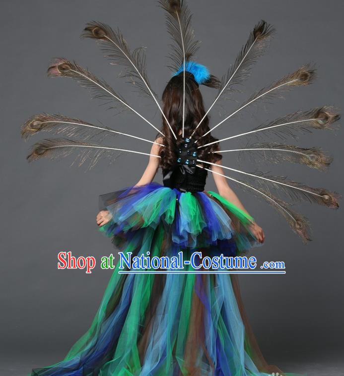 Custom Girl Blue Veil Trailing Dress Compere Garment Costumes Children Stage Show Fashion Catwalks Clothing