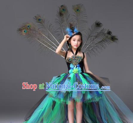 Custom Girl Blue Veil Trailing Dress Compere Garment Costumes Children Stage Show Fashion Catwalks Clothing