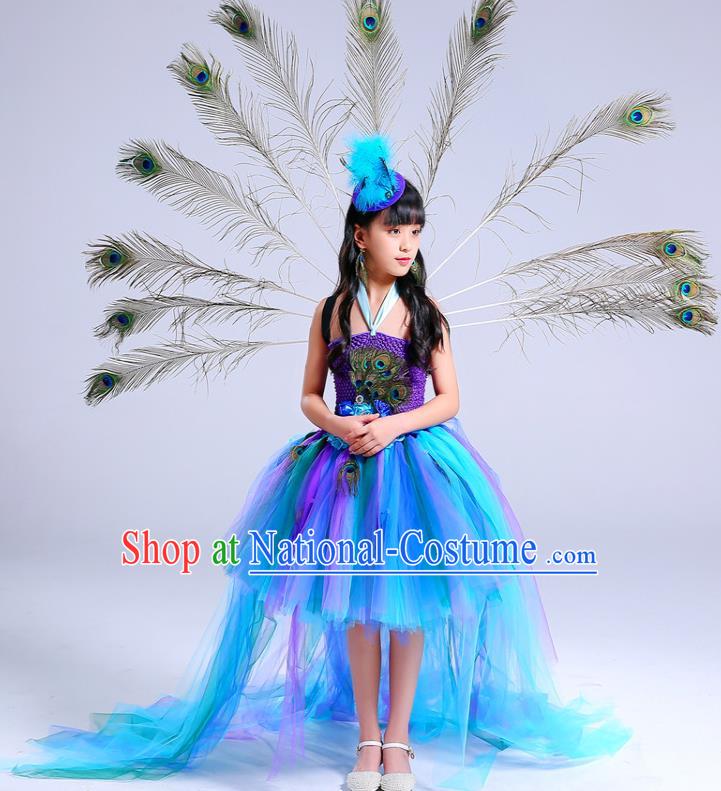 Custom Girl Catwalks Clothing Blue Veil Trailing Dress Compere Garment Costumes Children Stage Show Fashion