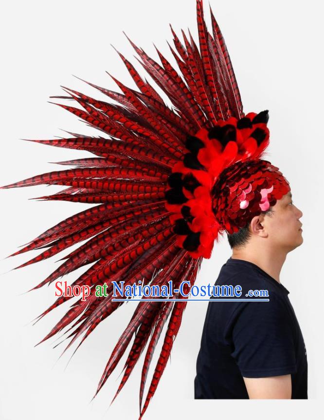 Handmade Halloween Male Headwear Stage Performance Hair Accessories Rio Carnival Red Feather Hat Cosplay Warrior Headdress