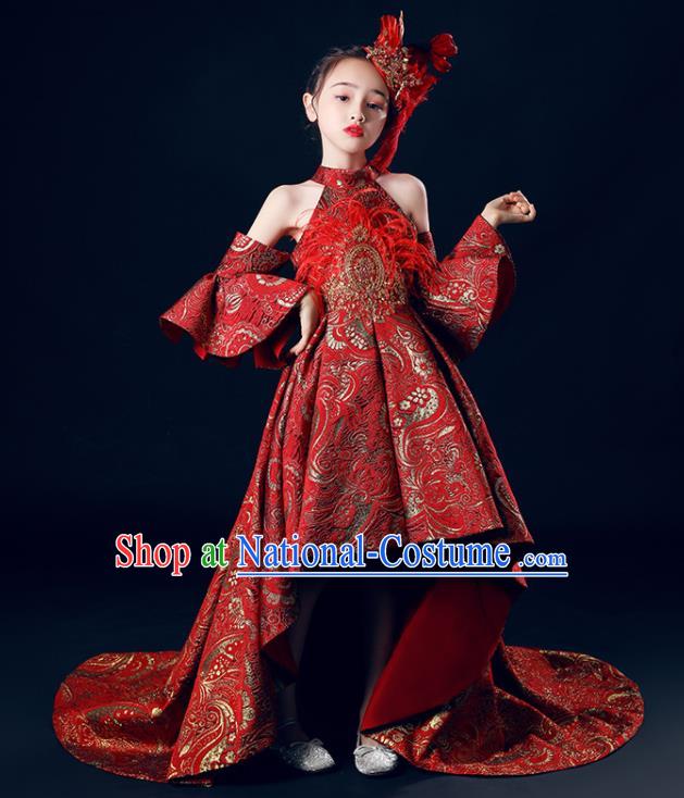 Custom Girl Stage Show Fashion Children Catwalks Clothing Baroque Princess Red Trailing Dress Baby Compere Garment Costumes