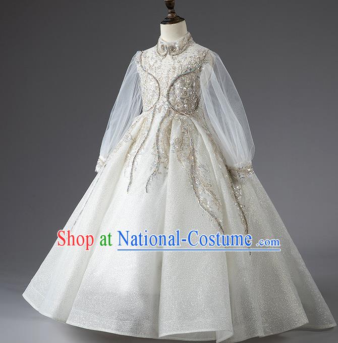 Custom Baby Compere Garment Costumes Girl Stage Show Fashion Children Catwalks Clothing Baroque Princess White Veil Dress