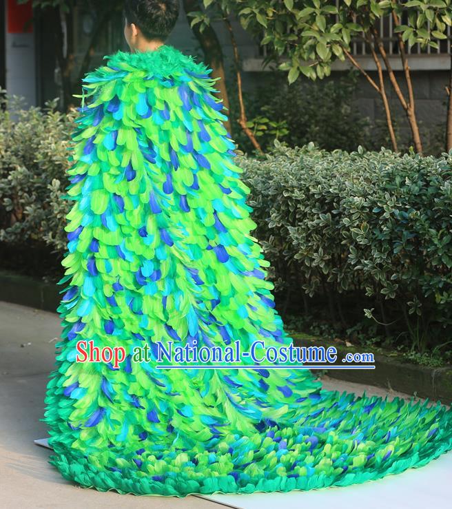 Custom Halloween Stage Show Clothing Cosplay Angel Green Feathers Cloak Catwalks Fashion Performance Mantle