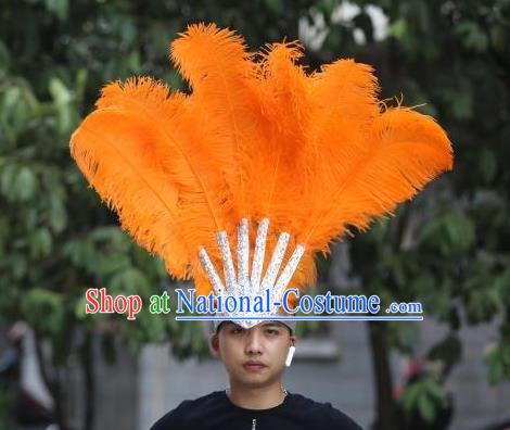 Handmade Halloween Cosplay Headwear Stage Performance Hair Accessories Samba Dance Hair Crown Rio Carnival Orange Ostrich Feather Hat