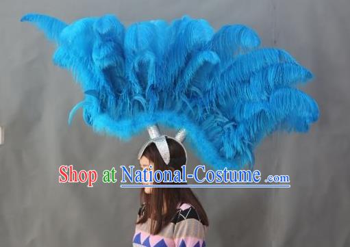 Handmade Samba Dance Hair Accessories Rio Carnival Blue Ostrich Feather Hat Halloween Cosplay Headwear Stage Performance Giant Hair Crown