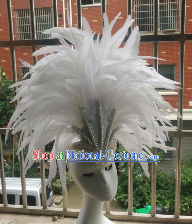 Handmade Rio Carnival Deluxe White Feather Hat Catwalks Pearls Headpiece Stage Performance Hair Crown Samba Dance Hair Accessories