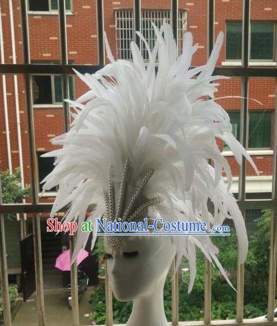 Handmade Rio Carnival Deluxe White Feather Hat Catwalks Pearls Headpiece Stage Performance Hair Crown Samba Dance Hair Accessories