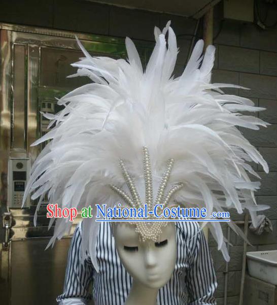 Handmade Rio Carnival Deluxe White Feather Hat Catwalks Pearls Headpiece Stage Performance Hair Crown Samba Dance Hair Accessories