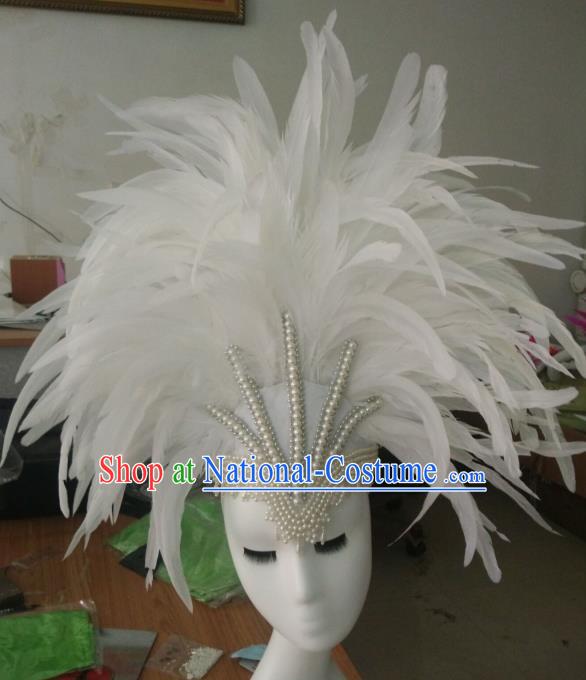 Handmade Rio Carnival Deluxe White Feather Hat Catwalks Pearls Headpiece Stage Performance Hair Crown Samba Dance Hair Accessories