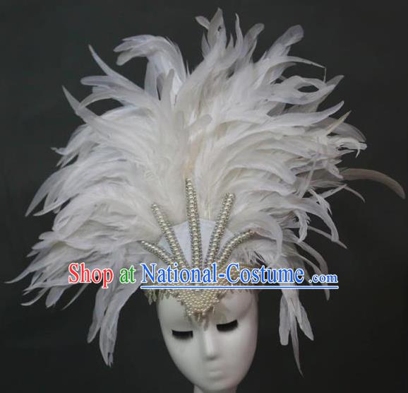 Handmade Rio Carnival Deluxe White Feather Hat Catwalks Pearls Headpiece Stage Performance Hair Crown Samba Dance Hair Accessories