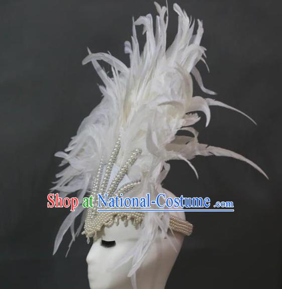 Handmade Rio Carnival Deluxe White Feather Hat Catwalks Pearls Headpiece Stage Performance Hair Crown Samba Dance Hair Accessories