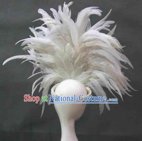 Handmade Rio Carnival Deluxe White Feather Hat Catwalks Pearls Headpiece Stage Performance Hair Crown Samba Dance Hair Accessories