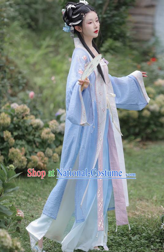 China Ancient Young Lady Garment Costumes Song Dynasty Historical Clothing Traditional Civilian Woman Blue Hanfu Dress Uniforms