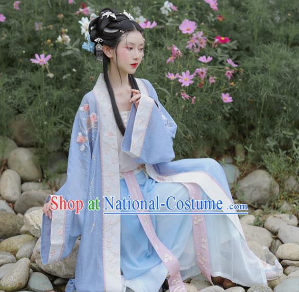 China Ancient Young Lady Garment Costumes Song Dynasty Historical Clothing Traditional Civilian Woman Blue Hanfu Dress Uniforms