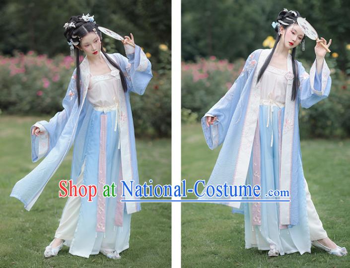 China Ancient Young Lady Garment Costumes Song Dynasty Historical Clothing Traditional Civilian Woman Blue Hanfu Dress Uniforms