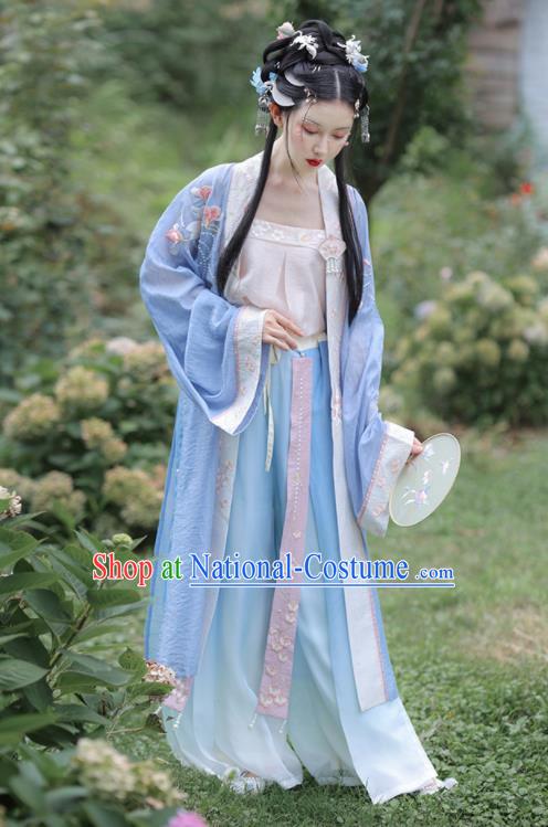 China Ancient Young Lady Garment Costumes Song Dynasty Historical Clothing Traditional Civilian Woman Blue Hanfu Dress Uniforms