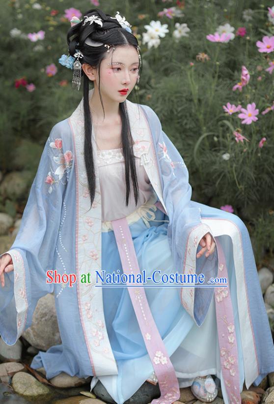 China Ancient Young Lady Garment Costumes Song Dynasty Historical Clothing Traditional Civilian Woman Blue Hanfu Dress Uniforms