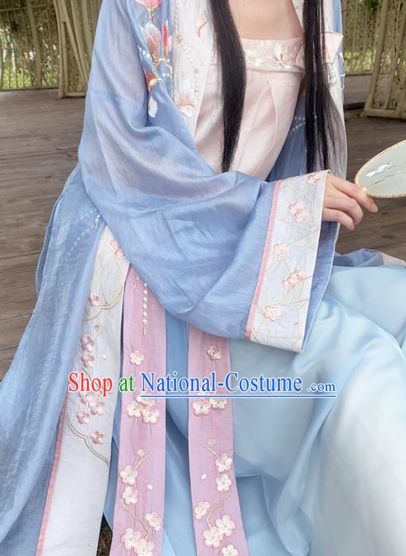 China Ancient Young Lady Garment Costumes Song Dynasty Historical Clothing Traditional Civilian Woman Blue Hanfu Dress Uniforms