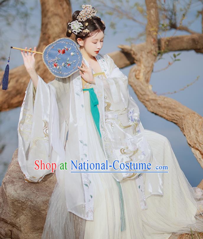 China Tang Dynasty Imperial Concubine Historical Clothing Traditional Court Woman White Hanfu Dress Apparels Ancient Palace Beauty Garment Costumes