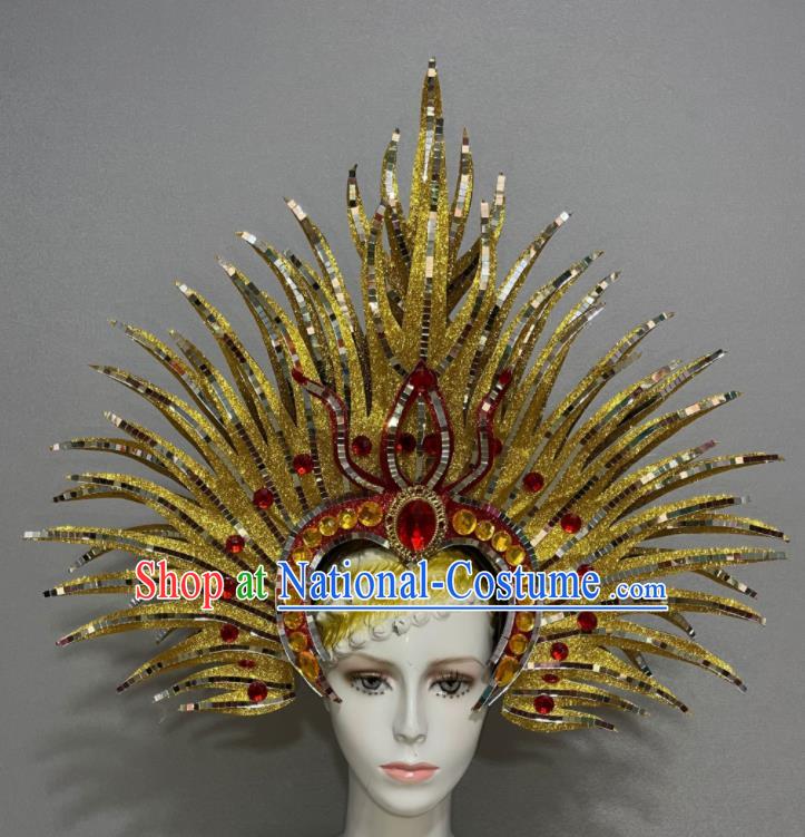 Custom Samba Dance Hair Accessories Opening Dance Golden Hair Crown Halloween Performance Headdress Brazil Parade Giant Hat