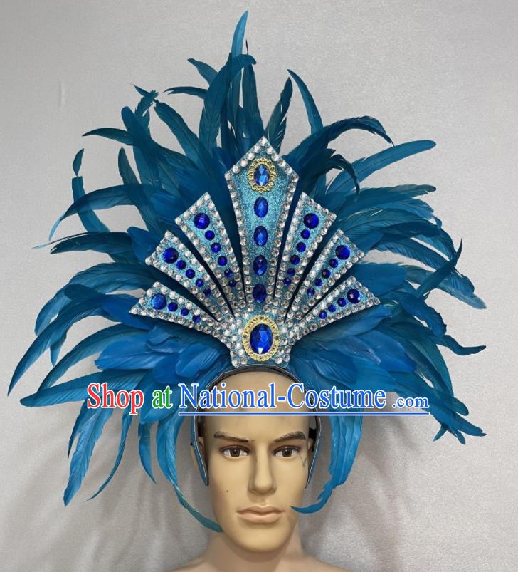 Custom Opening Dance Deluxe Blue Feather Hair Crown Halloween Performance Headdress Brazil Parade Giant Hat Samba Dance Hair Accessories