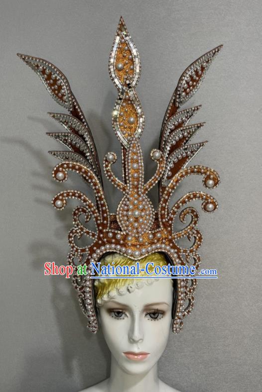 Custom Halloween Opening Dance Headdress Brazil Parade Golden Hat Samba Dance Hair Accessories Catwalks Pearls Hair Crown