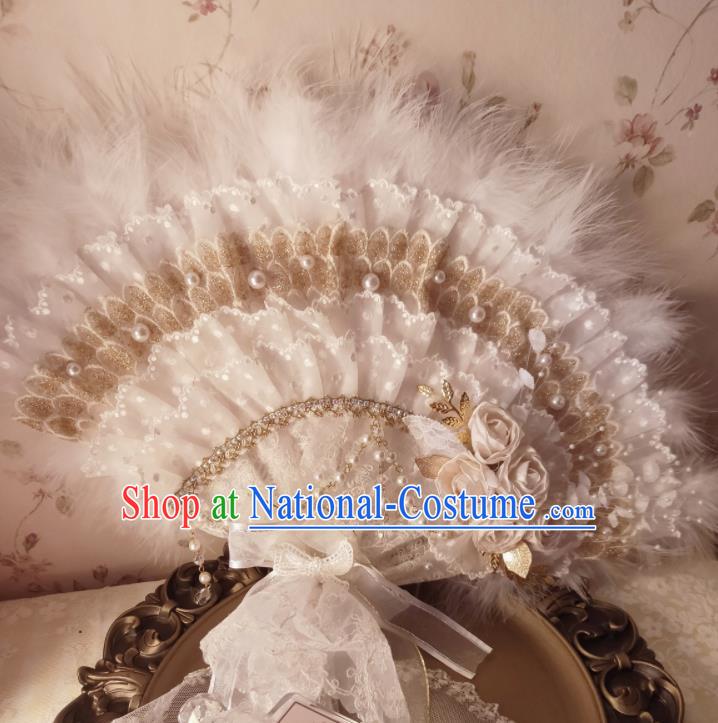 Handmade White Lace Fan Wedding Feather Fan Western Noble Lady Folding Fan European Princess Embroidery Pearls Fan