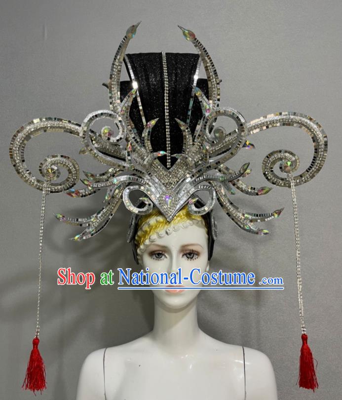 Custom Brazil Parade Argent Sequins Hat Samba Dance Hair Accessories Catwalks Giant Hair Crown Halloween Opening Dance Headdress