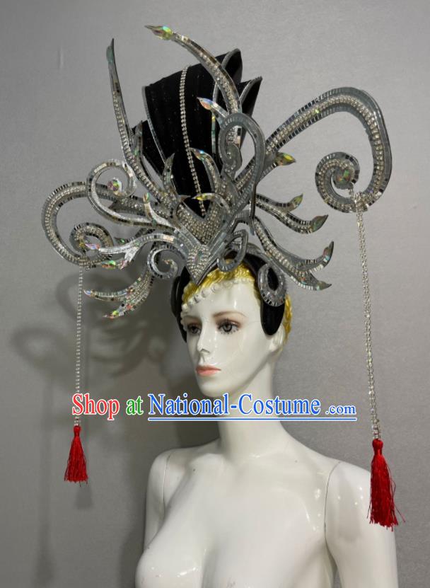 Custom Brazil Parade Argent Sequins Hat Samba Dance Hair Accessories Catwalks Giant Hair Crown Halloween Opening Dance Headdress