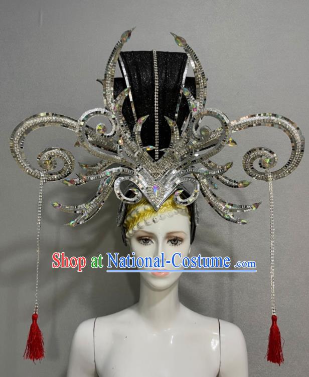 Custom Brazil Parade Argent Sequins Hat Samba Dance Hair Accessories Catwalks Giant Hair Crown Halloween Opening Dance Headdress