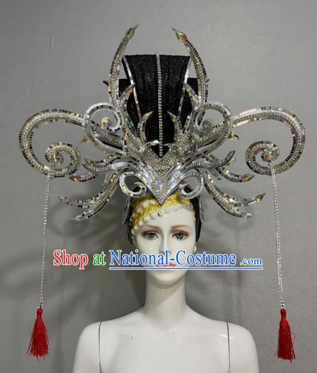 Custom Brazil Parade Argent Sequins Hat Samba Dance Hair Accessories Catwalks Giant Hair Crown Halloween Opening Dance Headdress