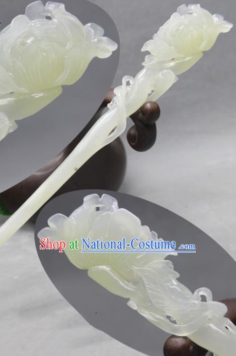 China Traditional Jade Carving Peony Hairpin Ancient Swordswoman Hair Stick Handmade Cheongsam Hair Accessories