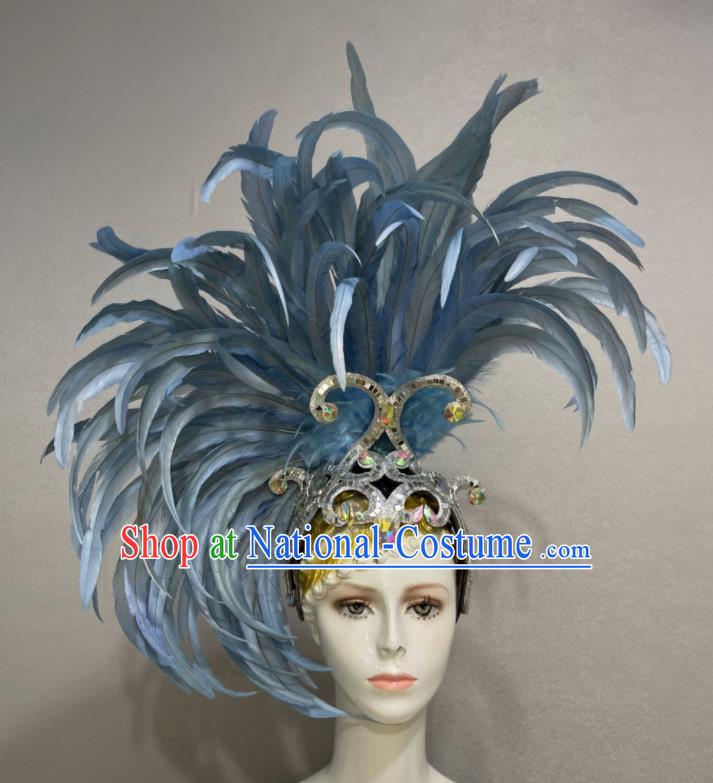 Custom Halloween Catwalks Giant Hair Crown Opening Dance Headdress Brazil Parade Blue Feather Hat Samba Dance Hair Accessories