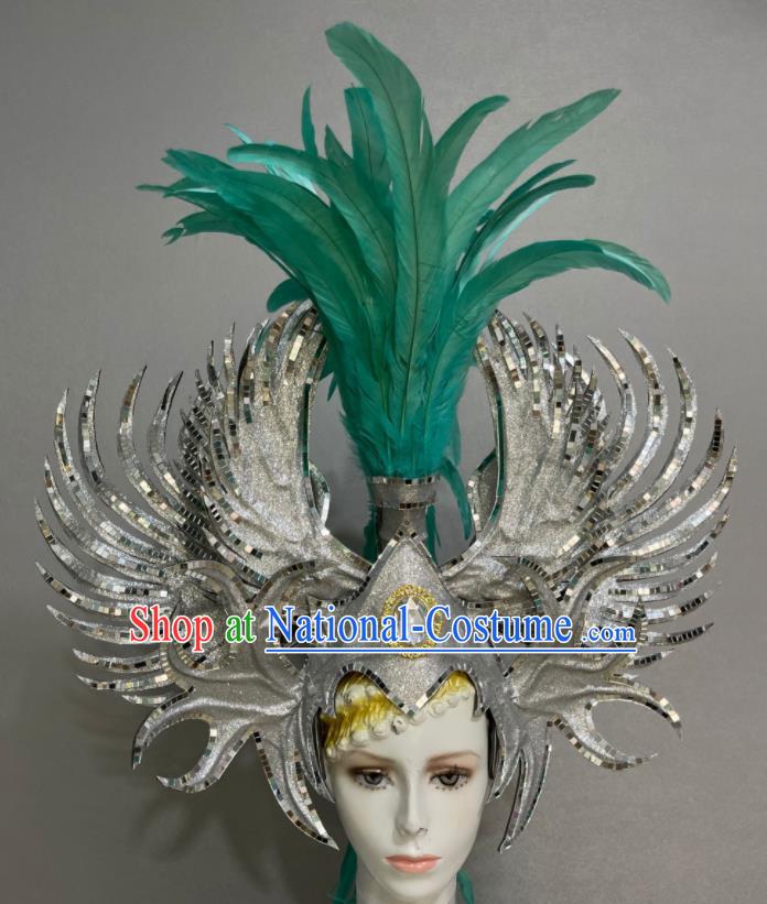 Custom Samba Dance Hair Accessories Halloween Catwalks Giant Argent Hair Crown Opening Dance Headdress Brazil Parade Green Feather Hat