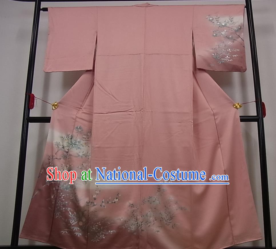 Japanese Traditional Hanabi Taikai Clothing Classical Bamboo Leaf Pattern Kimono Costume Young Woman Pink Silk Yukata Dress